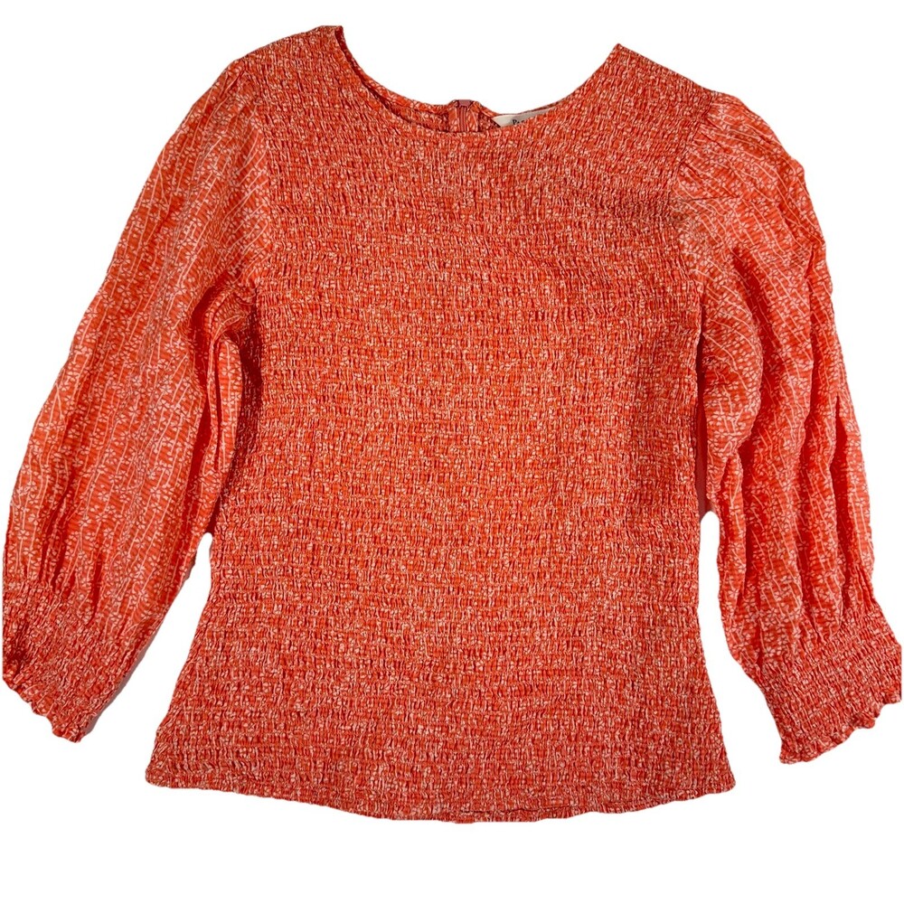 Part Two Copenhagen Smocked Orange Blouse Size 40 Puff Sleeve Cotton Viscose Top